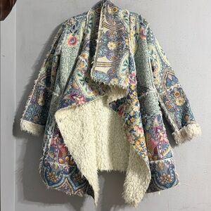 Johnny Was Biya Fur Coat Floral Patterned Coat with Fleece Lining NWT